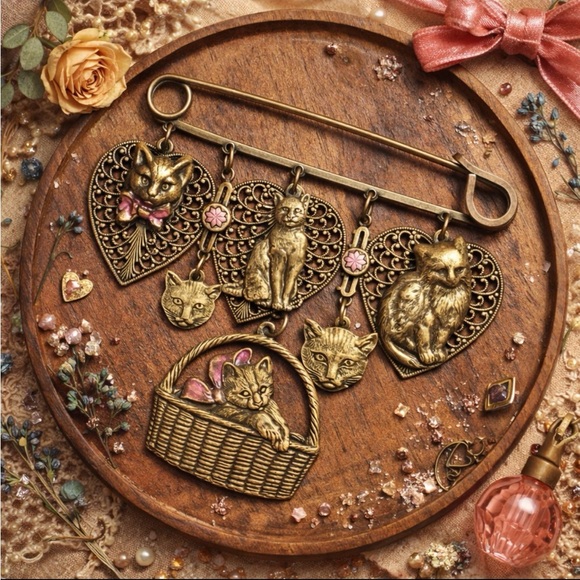 Vintage 70s Brass Cat Chatelaine Brooch Dangle Kitten Pin - Picture 5 of 5